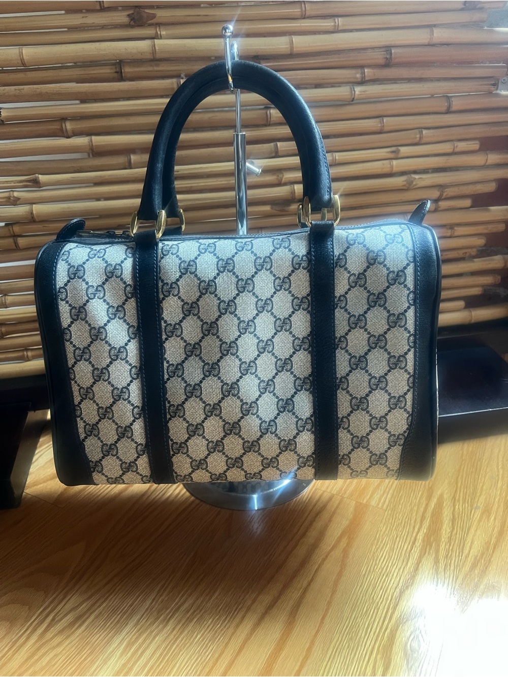 Gucci Beige GG Canvas Satchel with Black Leather Trim